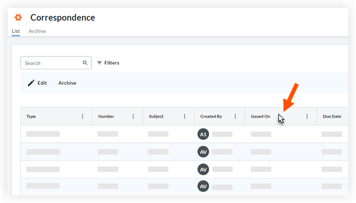 Correspondence Sort List View.png
